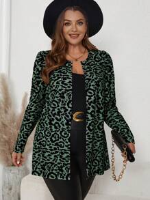 SHEIN Clasi Plus Size Long Sleeve Leopard Print Casual Coat - Dark Green - View 3