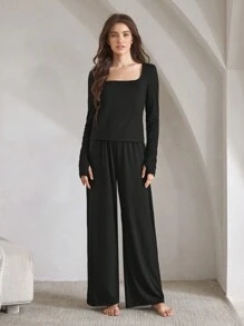 Ocili 2 件套柔软长袖上衣和裤子带拇指孔家居服套装 - 黑色 - 查看 7