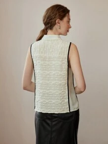 MOTF PREMIUM 系带领口撞色绑带纹理衬衫 - 白色 - 查看 8