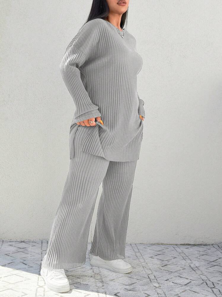 RueChic Plus Size  Drop Shoulder Split Hem Tee & Pants - Grey - View 3