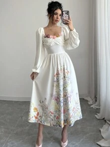 Chiquease 浪漫花卉贴花腰部修身喇叭裙女式长款女装 - 白色 - 查看 3