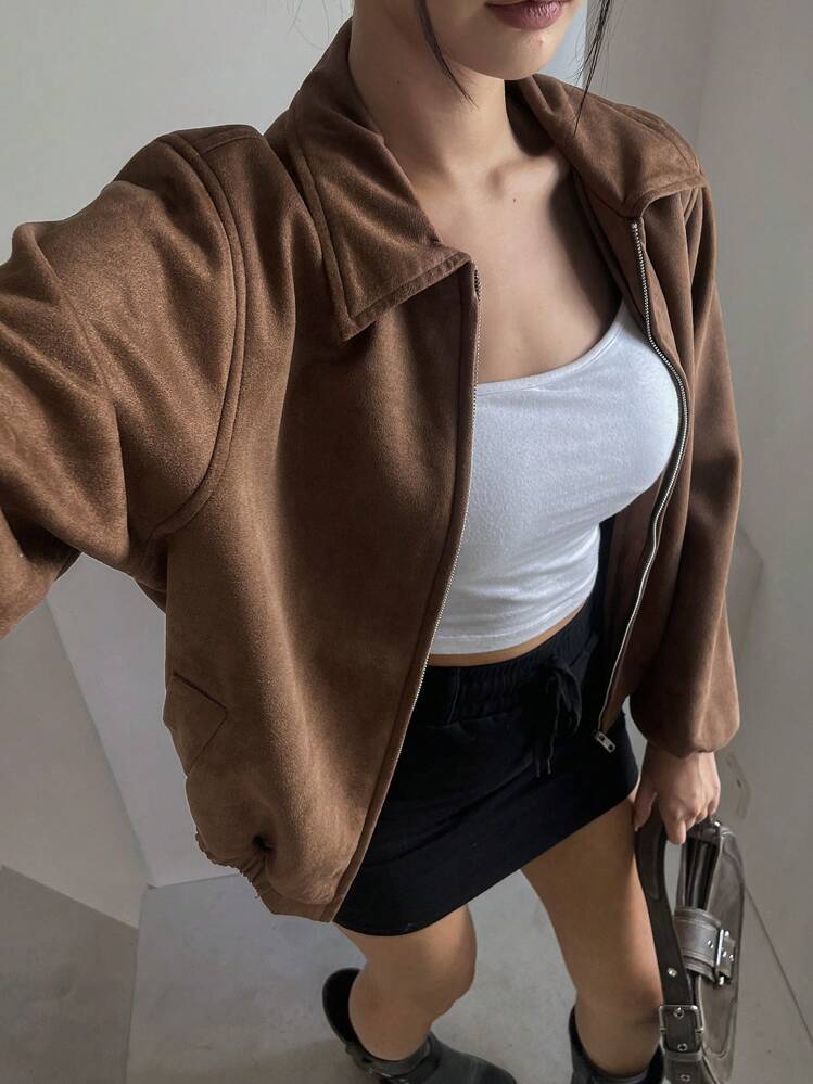 DAZY Women Solid Color Long Sleeve Zipper Casual Faux Leather Jacket, Spring Autumn,Fall Women Clothes - Brown - View 5