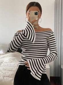 DAZY Blusa de punto con hombros descubiertos a rayas, suéter de otoño para mujer con parte superior de hombros descubiertos - Negro - Ver 7