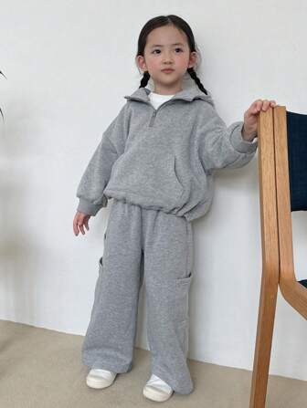 Dazy Kids 2pcs/Set Young Girls Hooded Knit Thermal Lined Outfit, Fall