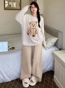 DAZY Cute Bear Jacquard Pajama Set Fall,Winter - Light Grey - View 3