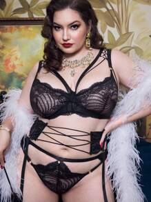 Lencería sexy de encaje calado de talla grande - Negro - Ver 5