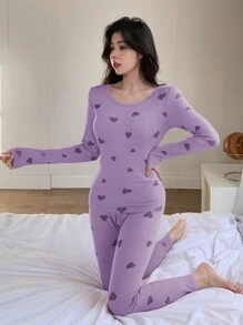 DAZY Bộ đồ ngủ dài tay cổ tròn in hình trái tim cho nữ - Bụi tím - Xem 3