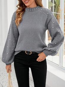 EMERY ROSE 秋冬女士灯笼袖立领串珠毛衣、长袖上衣 - 淺灰色 - 查看 2