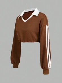 Innovista Women Brown Loose Fit Colorblock Cropped Sport Sweatshirts,Cropped Sweatshirts,Fall Sweatshirts,Going Out Tops,Workout Tops,Long Sleeves Sweatshirts,Colorblock Sweatshirts,Workout Women Tops,Fall Winter Women Outfit,Winter Women Clothes,Brown Long - Coffee Brown - View 3