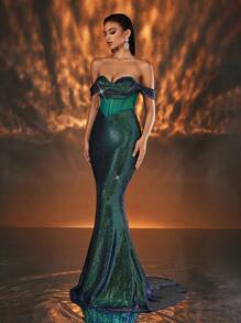 Glamrae Elegant And Gorgeous Dark Green Off-The-Shoulder Stretch Sequin Knit Push-Up And Tight Boned High Waist Mermaid Dress, Suitable For Prom, Wedding Party, Evening Party Prom Dinner Dress (Heavy Industrial Style), Formal Gown, For Wedding Guest, Graduation