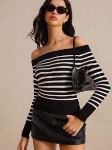 Poéselle Áo len kẻ sọc tương phản mùa thu đông, thoải mái và ấm áp, áo len cổ thuyền giản dị cho nữ - Đen và trắng - Xem 2