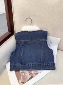 SHEIN Áo khoác denim xanh không tay cổ lông giả dễ thương cho bé gái, Quần áo thu đông cho bé gái - Rửa tối - Xem 7