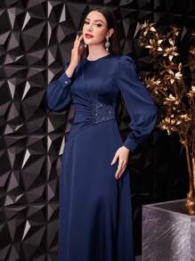 Veilorie 女士褶皱泡泡袖连衣裙，优雅晚宴礼服长款晚礼服 - 藏蓝色 - 查看 4