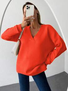 EURMUSE V Neck Drop Shoulder Sweater - Orange - View 1