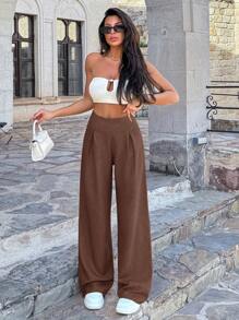 EURMUSE Women Linen Beige Wide Leg Pants - Coffee Brown - View 6