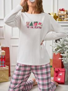 RueChic Cotton 2Pcs  Cute New Year Trees Printed Shirt And Plaid Printed Sleep Bottom Christmas PJ Set - Multicolor - View 5