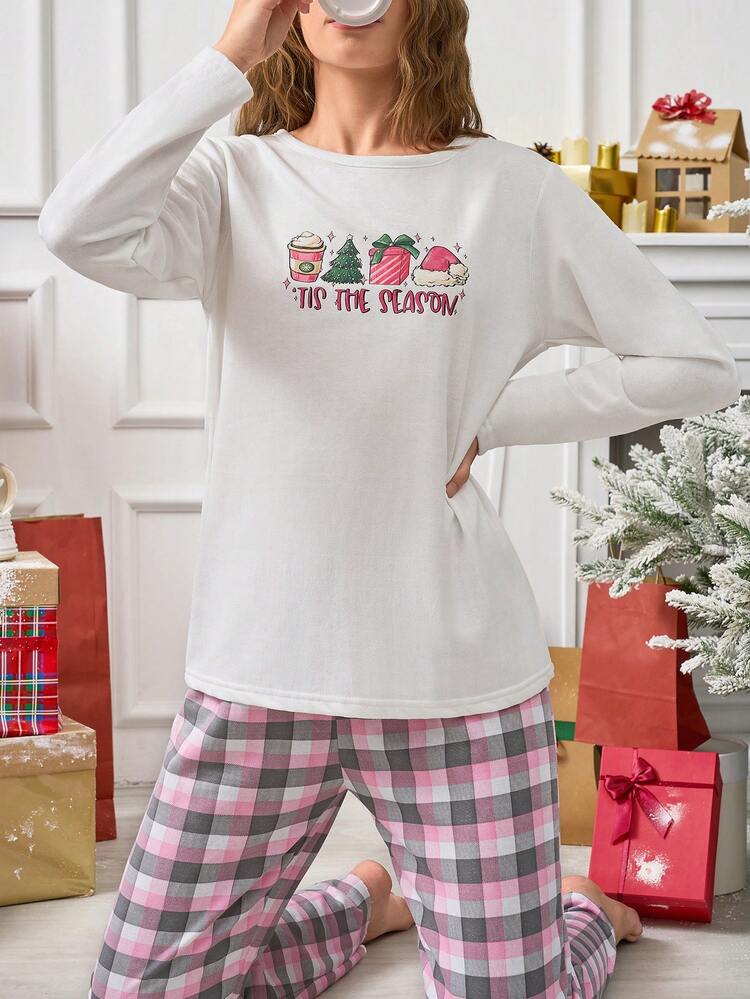RueChic Bộ đồ ngủ in hình cây thông Noel dễ thương bằng cotton 2 chiếc và quần ngủ kẻ caro in họa tiết Giáng sinh - Nhiều màu - Xem 5