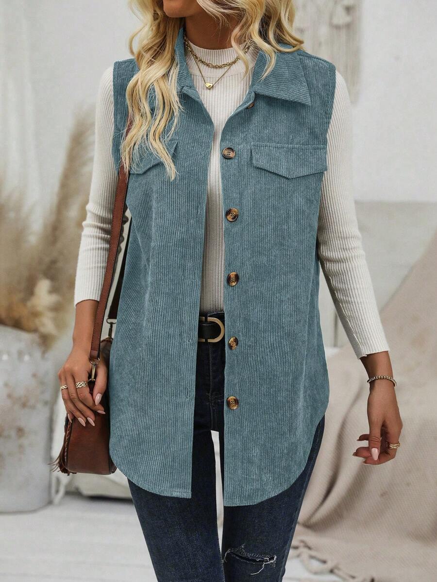 SHEIN LUNE 女式无袖衬衫领前扣口袋休闲夹克 - 霧霾藍 - 查看 1