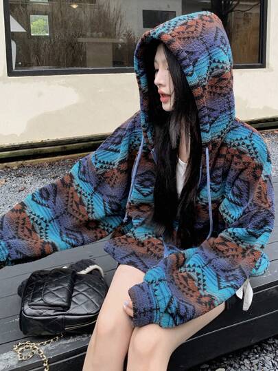 DAZY 女士加厚保暖撞色宽松卫衣波西米亚风卫衣，带保暖内衬秋冬外套