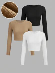 SHEIN EZwear 3pcs Plus Size Set Fitted Cropped Long Sleeve T-Shirts - Multicolor - View 1