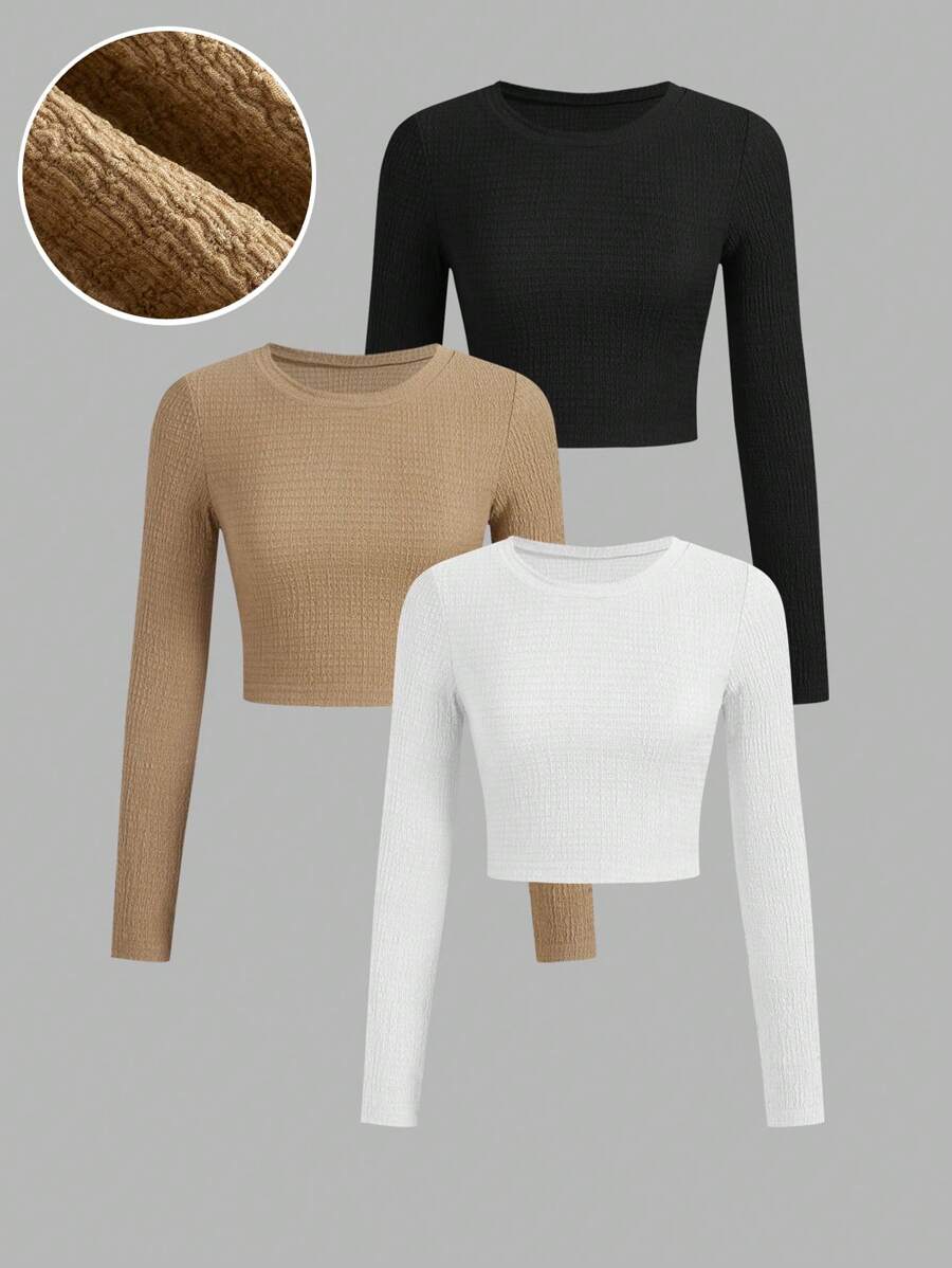 SHEIN EZwear 3pcs Plus Size Set Fitted Cropped Long Sleeve T-Shirts - Multicolor - View 1