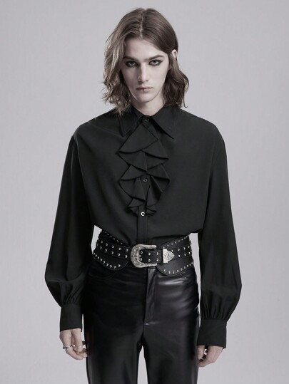 Goth 1 pezzo Camicia a maniche lunghe da uomo con volant frontale e bottoni, colore unito, autunnale