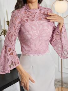 Modelyn 女式春夏花卉网眼立领喇叭袖透明衬衫 - 藕粉色 - 查看 4