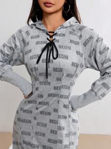 Seusyu Ladies' Casual Letter Print Hooded Dress Spring Autumn - Grey - View 6