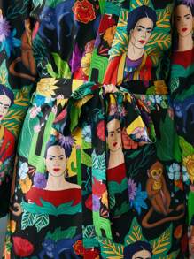 Frida Kahlo X SHEIN Fall And Winter Black Loose Plant & Figure Graphic Surrealism Dress, Fall - Black - View 9