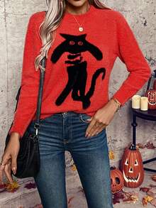 EMERY ROSE Halloween Women's Casual Loose Fit Cartoon Cat Pattern Long Sleeve Pullover Sweater, Autumn & Winter - Orange - View 5