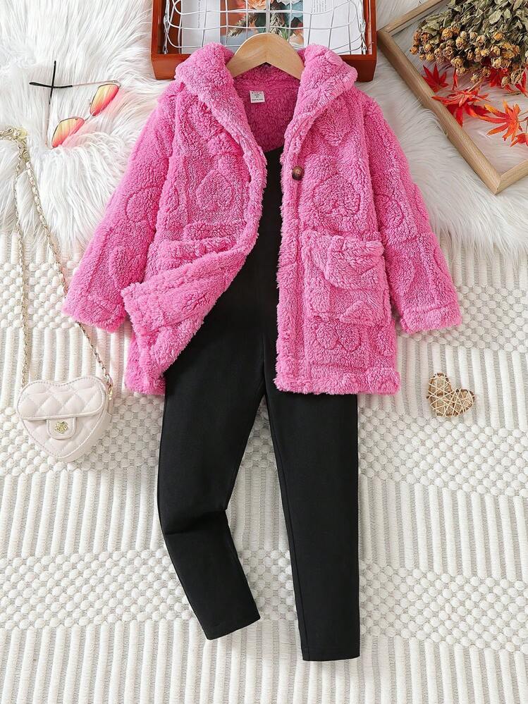 SHEIN 2pcs/Set Young Girls Plaid Fluffy Coat & Solid Color Elegant Overall Jumpsuit, Autumn/Winter - Pink - View 1