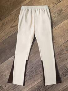 Manfinity Homme 男士字母印花抽绳腰部工装口袋直筒休闲运动裤，外出堆叠长款街头运动裤，适合丈夫、男友礼物，适合狂欢 - 杏色 - 查看 2