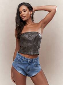 MISSGUIDED PU 拉链闭合后背紧身胸衣抹胸短款上衣 - 棕色 - 查看 5