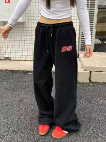 INAWLY Women's Letter Printed Drawstring Waist Wide Leg Relaxed Casual Black Sweatpants Graduation,Back To School Outfits,Graduation,Teacher Outfits For Women,Back To School Fall Cloth For Women - Black - View 1