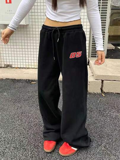 INAWLY 女士字母印花抽绳腰阔腿宽松休闲黑色运动裤