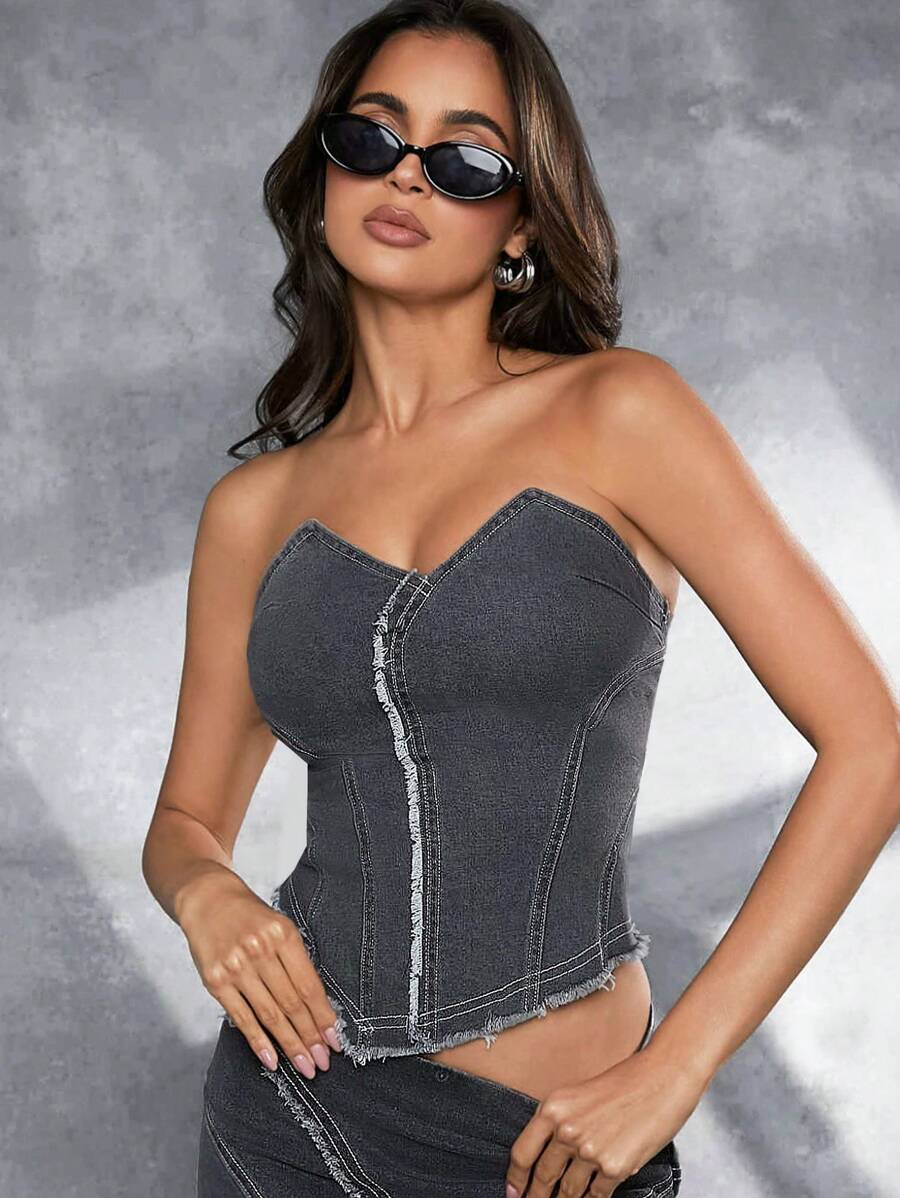 SHEIN Unity Áo denim ống thô mùa hè cho nữ - màu đen - Xem 1