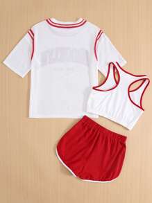 3pcs Tween Girls Casual Loose Letter Print Crewneck Sweatshirt Top And Pants Set - Red - View 2