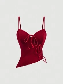 SHEIN MOD Red Asymmetric Hemline Cropped Camisole, Women Side-Tie Velvet Tank Top, Camisole, Back To School Season Top, Vintage Sexy,Cute Tops