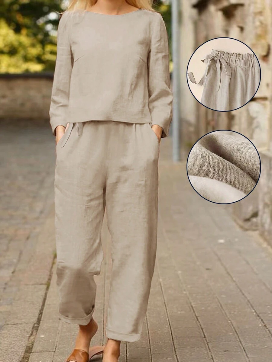 女士秋季新款流行纯色圆领长袖衬衫和口袋弹力裤休闲宽松通勤两件套春季优雅 - 杏色 - 查看 1