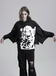 ROMWE MEN Goth Men Casual Drawstring Printed Batwing Sweatshirt, Halloween - Black - View 1