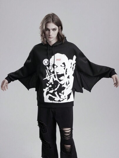 Goth Men Casual Drawstring Printed Batwing Sweatshirt, Halloween