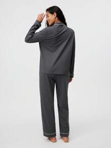 LUVLETTE 秋冬季柔软100%纯棉基本款长款披肩领睡衣套装，女士家居服套装，带口袋长裤，秋季睡衣 - 深灰色 - 查看 3