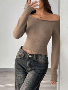 SHEIN Unity Casual Off-Shoulder Sweater, Long Sleeve Tops, Knit Pullover Fall Winter - Camel - View 4
