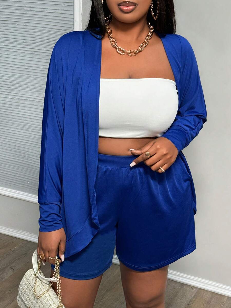 Slaydiva Women Plus Size Solid Blue Shorts And Cardigan Set - Royal Blue - View 1