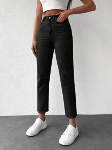 EURMUSE Letter Patched Cropped Mom Fit Jeans - Black - View 5