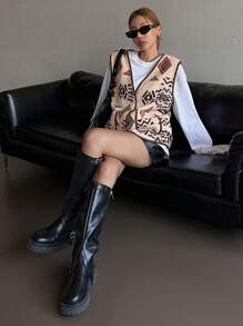 DAZY Women Fleece Fully Allover Print Geometric Pattern Coat, Thermal Lined Jacket Fall,Winter Vest - Beige - View 2