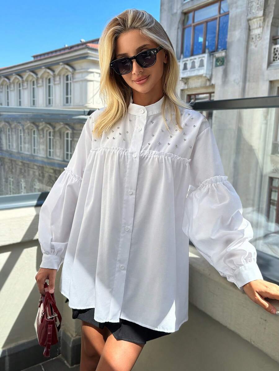 EURMUSE 100%Cotton Diamond Decorated Lantern Sleeve Shirt With Stand Collar - White - View 1