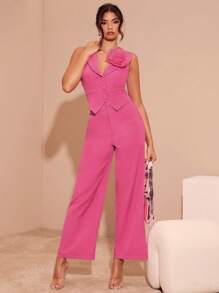 Glamine Áo cổ chữ V không tay cho nữ có thiết kế trang trí hoa 3D và quần ống đứng thường ngày - Hồng - Xem 6