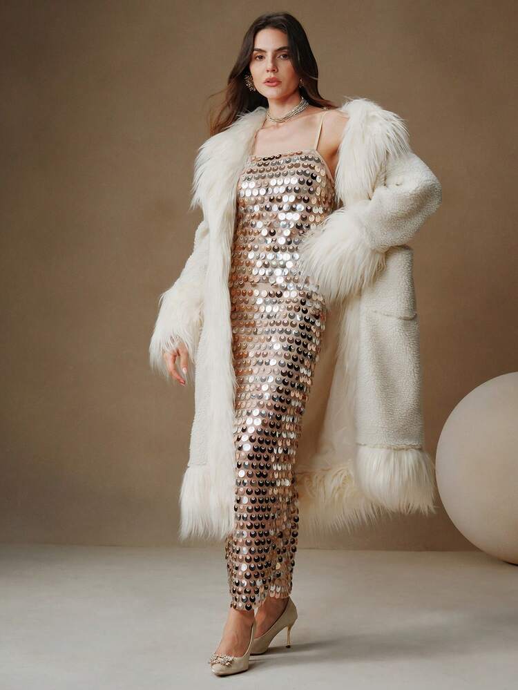 Long Fluffy Trimmed Fluffy Midi A-Line Waist Fitted Classic Women Fluffy Coat