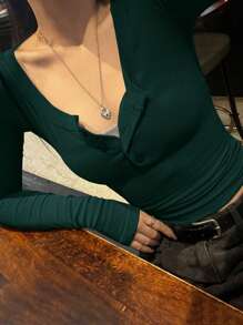 DAZY Women's Solid Color Button Half-Placket Long Sleeve Fitted T-Shirt, Spring & Summer,Fall Clothes Preppy Tops - Dark Green - View 3